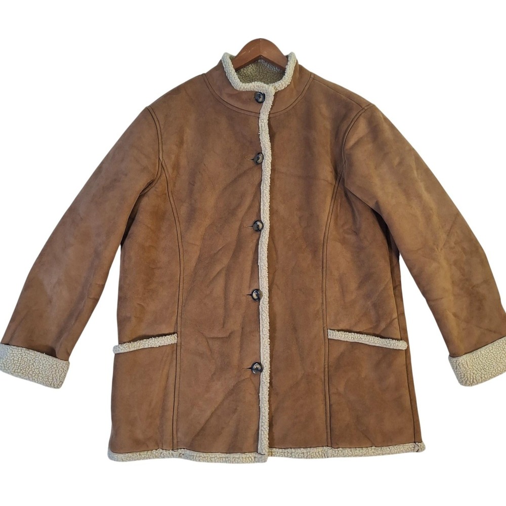 LL Bean Jacket Womens Large Sherpa Fleece Lined Button Coat Faux Suede Warm READ